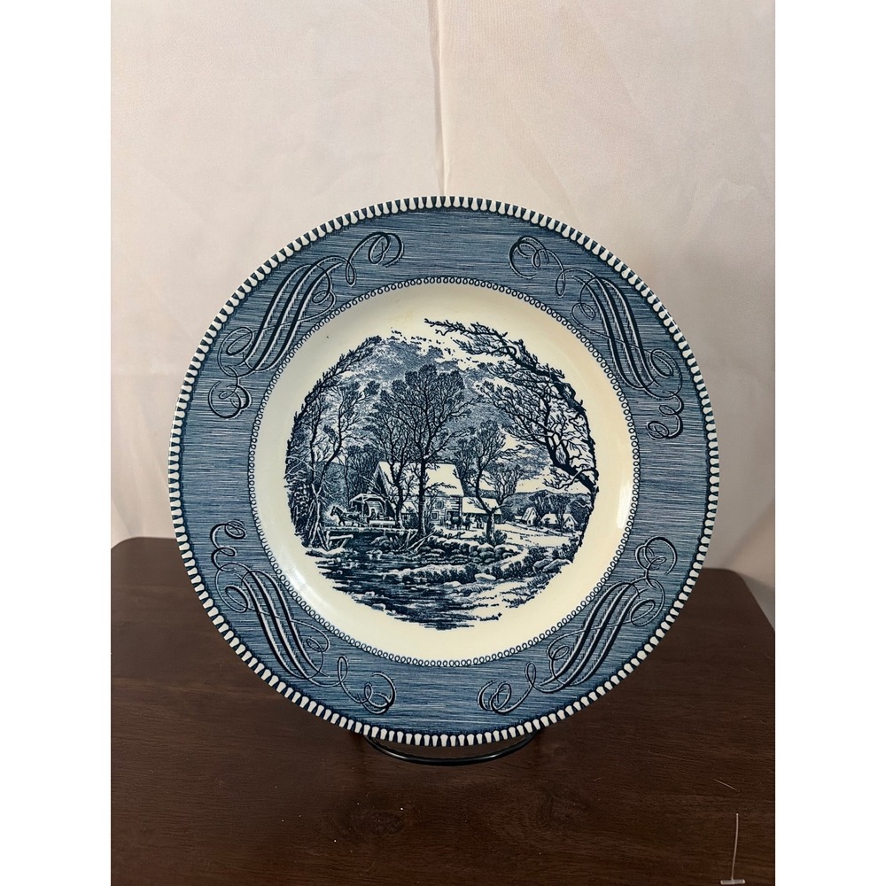 Royal Currier & Ives The‎ Old Grist Mill Blue White Dinner Plate 10 inch USA